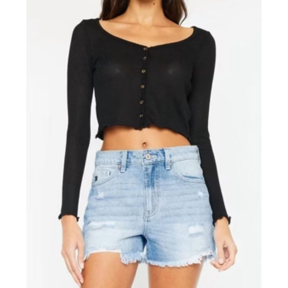 Missguided Black Ribbed Long Sleeve Button Front Crop Top US 8